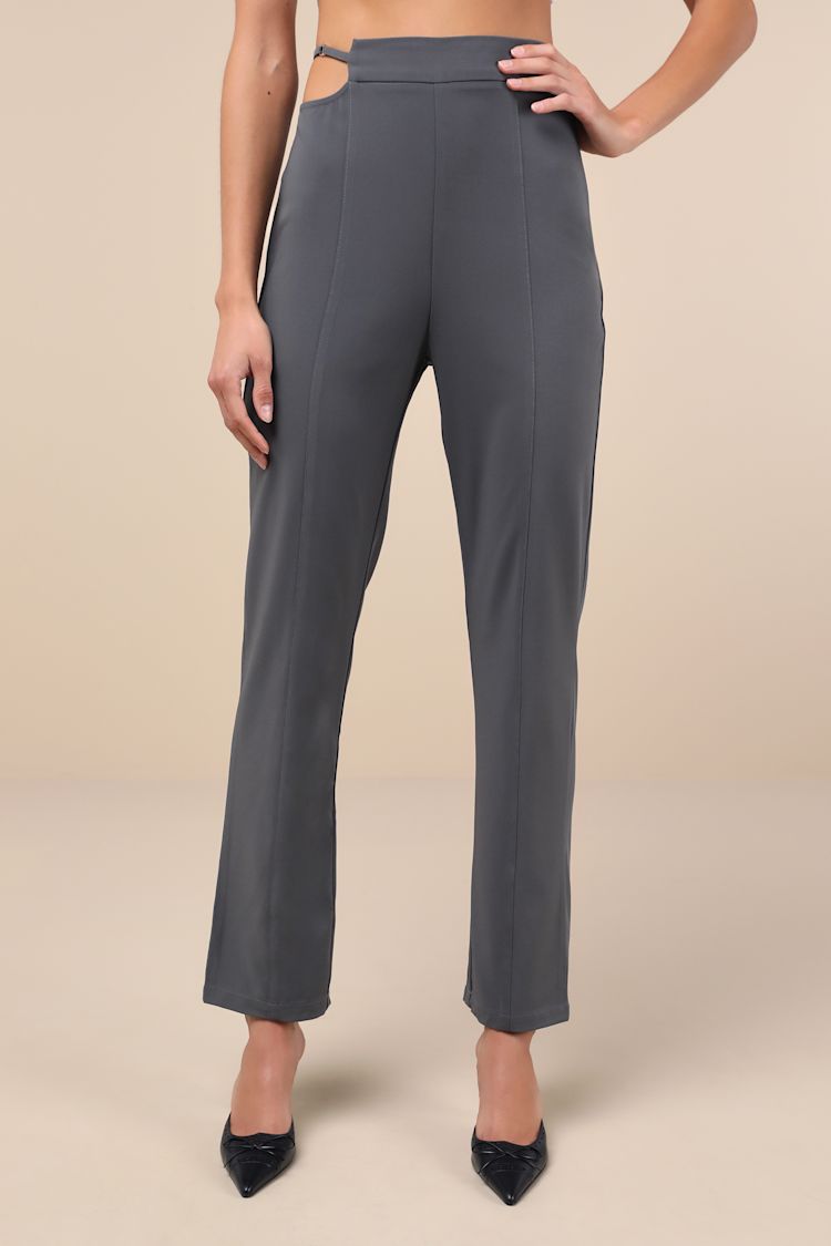 Polished Aura Dark Grey Cutout High-Rise Trousers