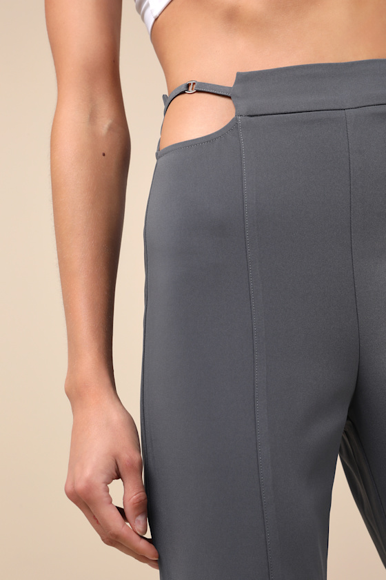 Shop Lulus Polished Aura Dark Grey Cutout High-rise Trousers