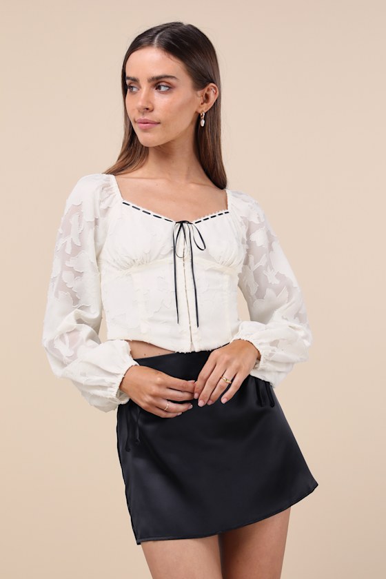 Lulus Flirtatious Outlook Ivory Burnout Ribbon Long Sleeve Bustier Top In Ivory