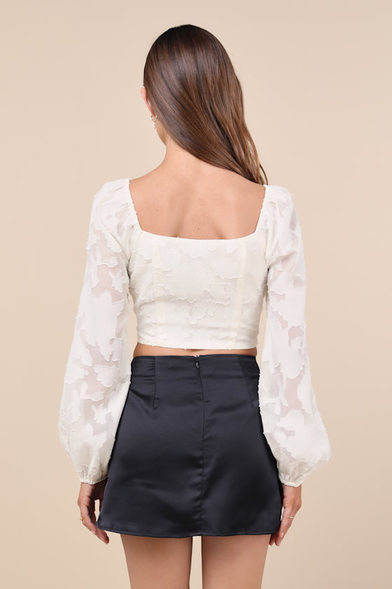 Lulus Flirtatious Outlook Ivory Burnout Ribbon Long Sleeve Bustier Top In Ivory