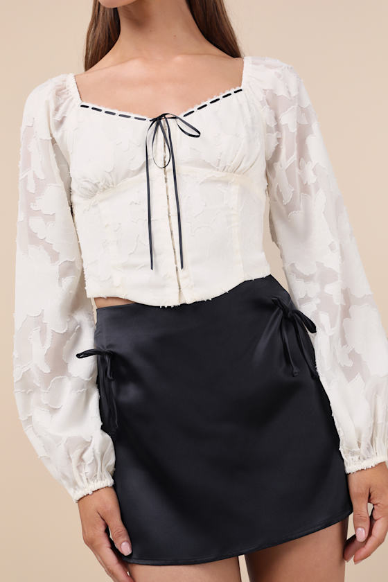 Lulus Flirtatious Outlook Ivory Burnout Ribbon Long Sleeve Bustier Top In Ivory