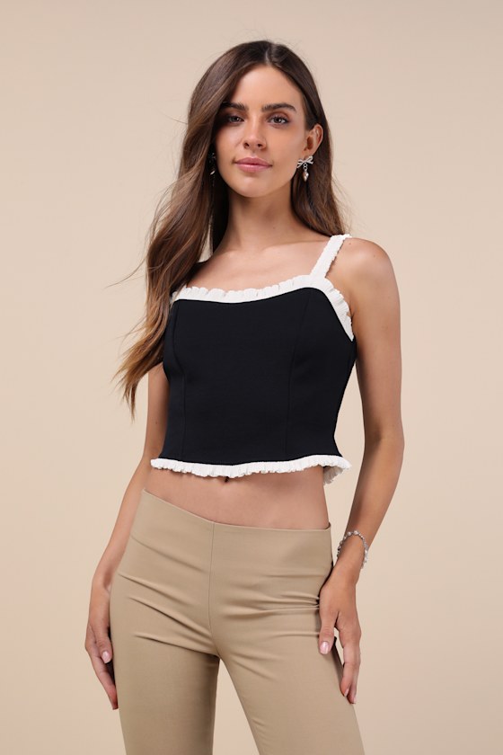 Lulus Coquette Charisma Black And White Ruffled Tie-back Crop Top In Black And White