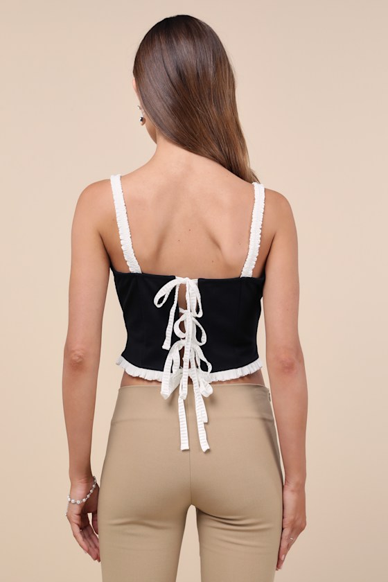 Lulus Coquette Charisma Black And White Ruffled Tie-back Crop Top In Black And White