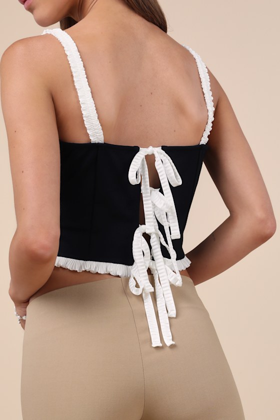 Lulus Coquette Charisma Black And White Ruffled Tie-back Crop Top In Black And White