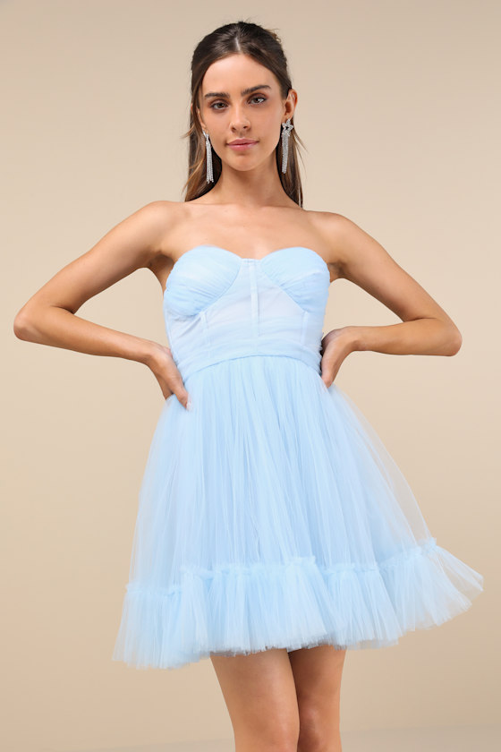 LULUS LOVELY FLIRTATION LIGHT BLUE TULLE STRAPLESS BUSTIER MINI DRESS