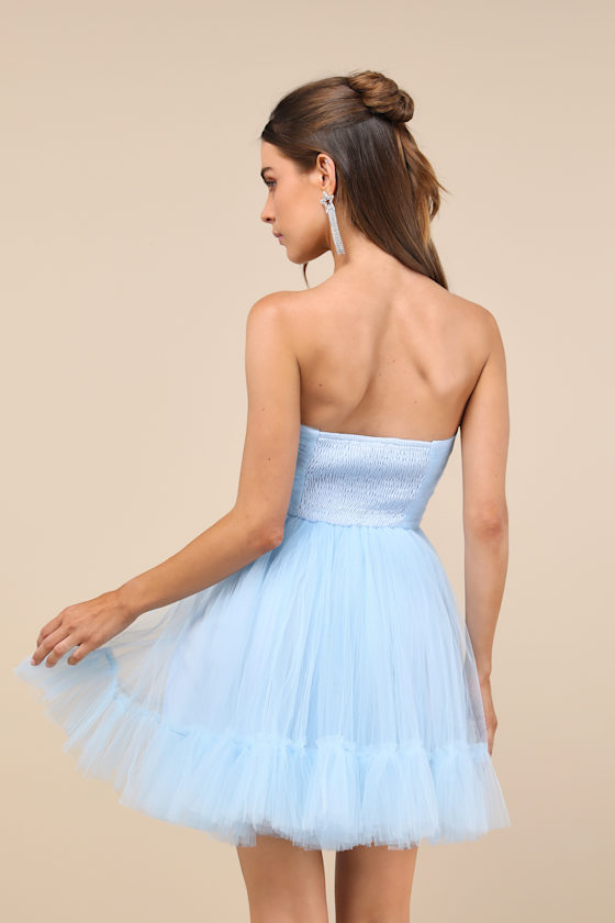 LULUS LOVELY FLIRTATION LIGHT BLUE TULLE STRAPLESS BUSTIER MINI DRESS