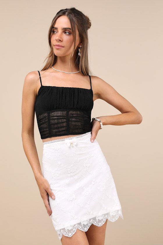 Delightful Decision Ivory Lace Bow Pearl High-Rise Mini Skirt 5