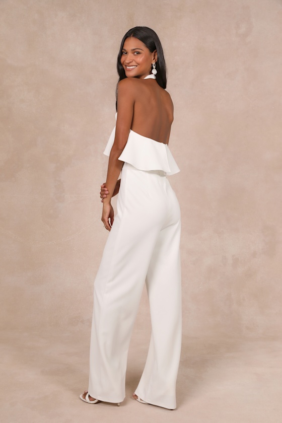 Lulus Elegant Flair White Ruffled Wide-leg Halter Jumpsuit In White