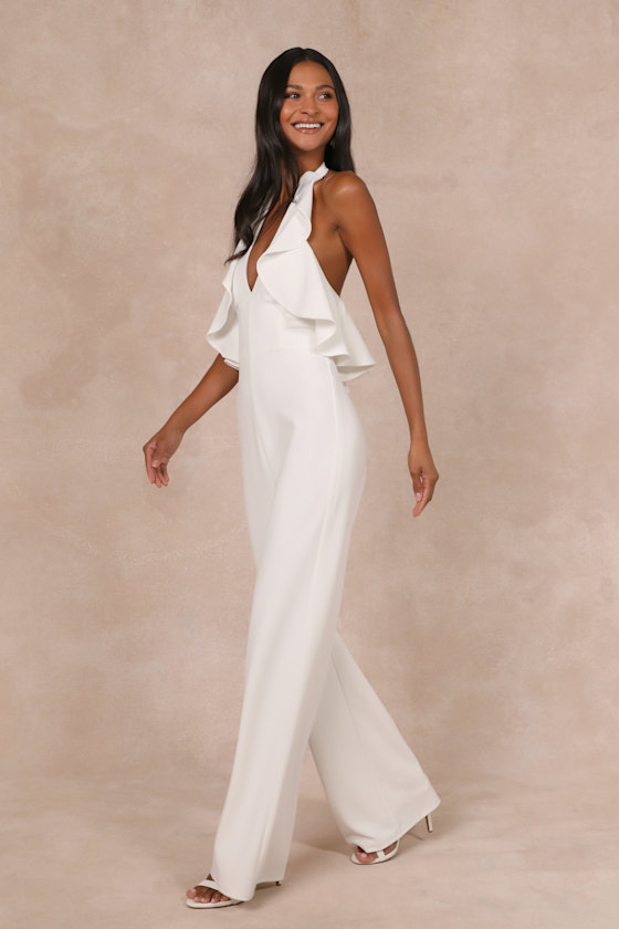 Lulus Elegant Flair White Ruffled Wide-leg Halter Jumpsuit In White