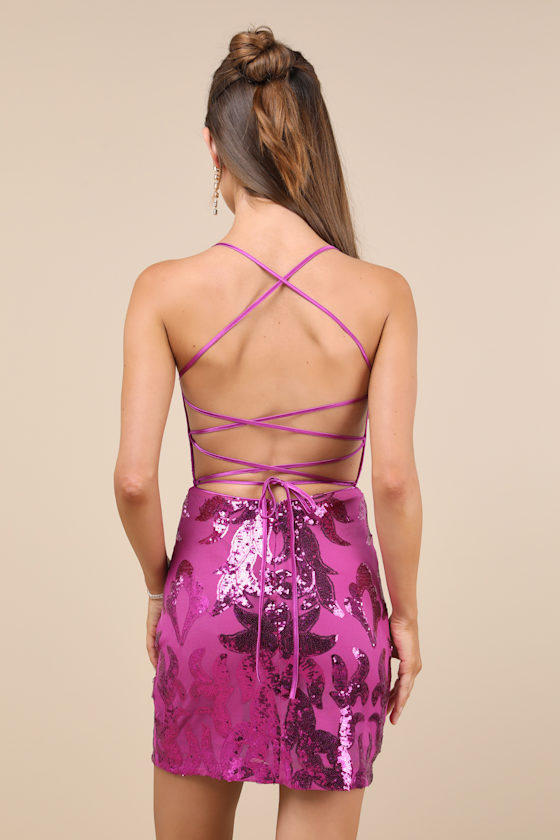 Sincerest Shine Magenta Purple Sequin Lace-Up Mini Dress 2