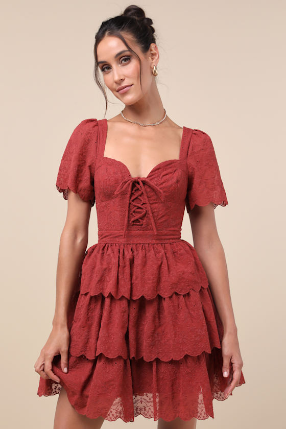 LULUS INCLINED TO CHARM RUST RED EMBROIDERED TIERED LACE-UP MINI DRESS