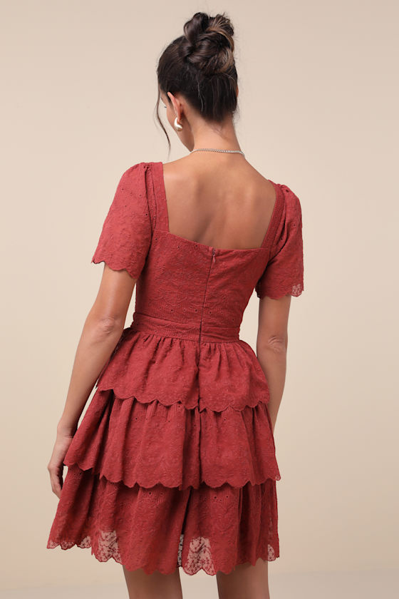 LULUS INCLINED TO CHARM RUST RED EMBROIDERED TIERED LACE-UP MINI DRESS