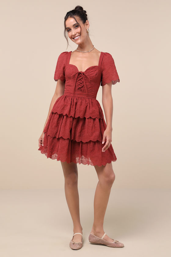 LULUS INCLINED TO CHARM RUST RED EMBROIDERED TIERED LACE-UP MINI DRESS