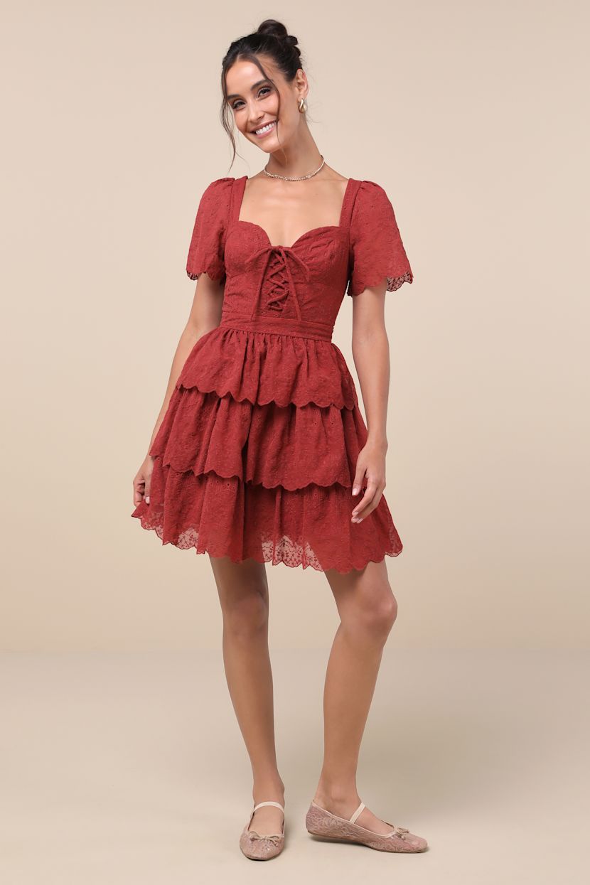 Rust Red Embroidered Dress - Tiered Lace-Up Dress - Mini Dress - Lulus