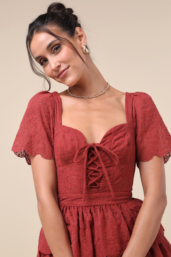 LULUS INCLINED TO CHARM RUST RED EMBROIDERED TIERED LACE-UP MINI DRESS