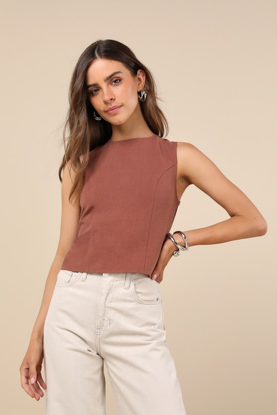 LULUS MODERN INCLINATION BROWN LINEN BACKLESS TANK TOP