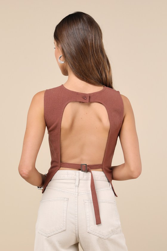 LULUS MODERN INCLINATION BROWN LINEN BACKLESS TANK TOP