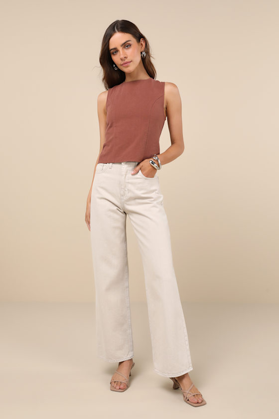 LULUS MODERN INCLINATION BROWN LINEN BACKLESS TANK TOP
