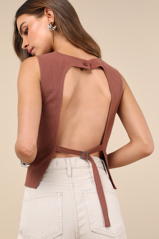 LULUS MODERN INCLINATION BROWN LINEN BACKLESS TANK TOP
