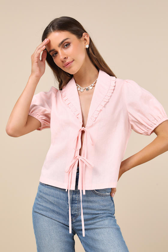 Cutest Existence Light Pink Collared Tie-Front Short Sleeve Top 1