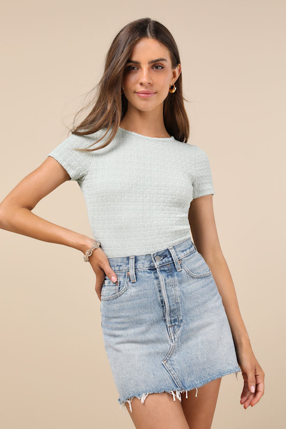 LULUS DECIDEDLY STYLISH MINT TEXTURED SHORT SLEEVE BACKLESS BODYSUIT