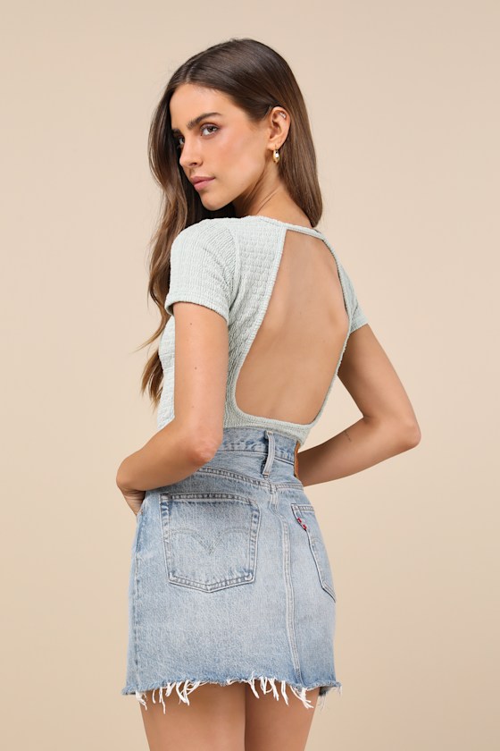 LULUS DECIDEDLY STYLISH MINT TEXTURED SHORT SLEEVE BACKLESS BODYSUIT
