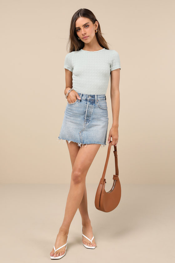 LULUS DECIDEDLY STYLISH MINT TEXTURED SHORT SLEEVE BACKLESS BODYSUIT
