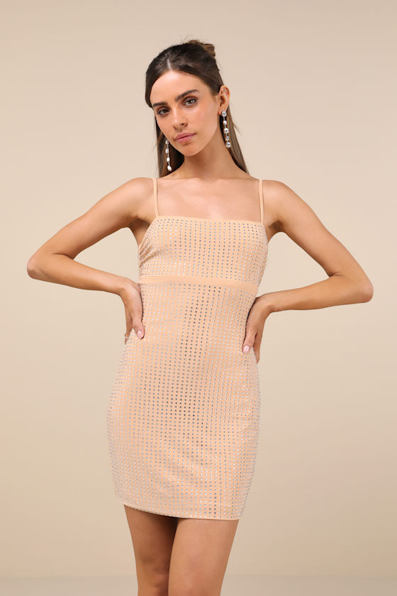 Lulus Glamorous Take Beige Rhinestone Lace-up Bodycon Mini Dress In Beige