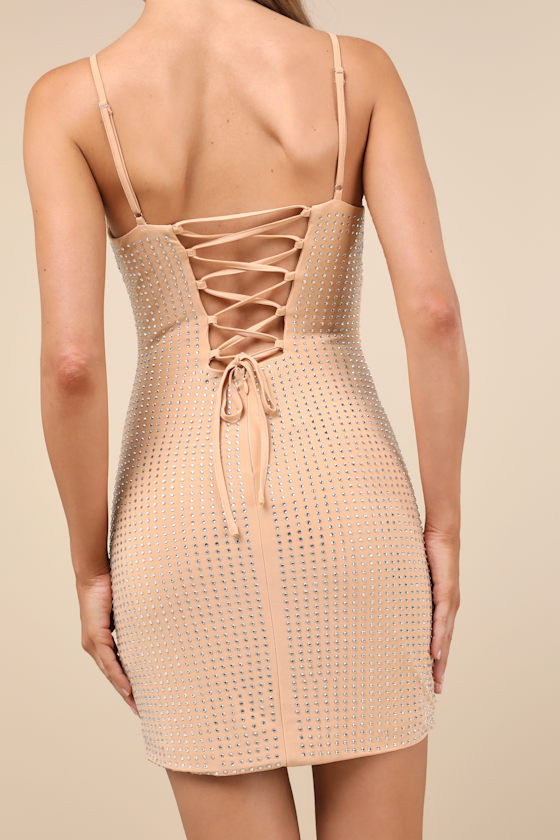 Lulus Glamorous Take Beige Rhinestone Lace-up Bodycon Mini Dress In Beige