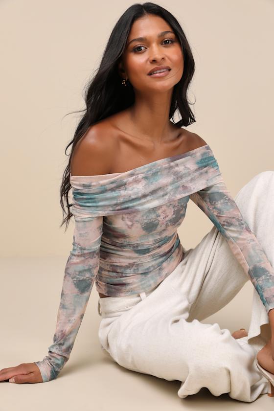 Trendy Finesse Taupe Abstract Mesh Ruched Off-the-Shoulder Top 2