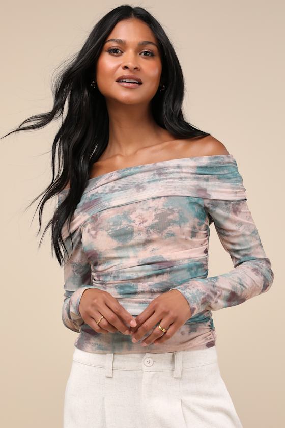 Trendy Finesse Taupe Abstract Mesh Ruched Off-the-Shoulder Top 3