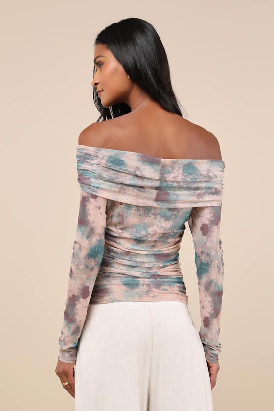 LULUS TRENDY FINESSE TAUPE ABSTRACT MESH RUCHED OFF-THE-SHOULDER TOP 