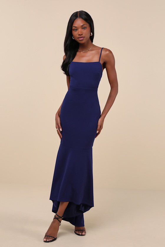 Stunning Enchantment Navy Backless Trumpet Hem Maxi Dress 4