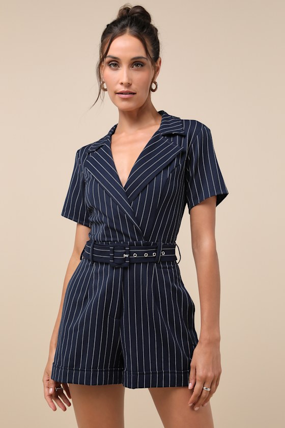 Stylish Essence Navy Pinstriped Short Sleeve Belted Romper 3