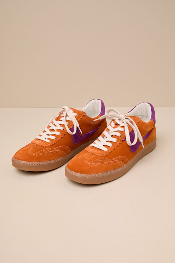 Dolce Vita Notice Orange Multi Suede Leather Color Block Lace-up Sneakers In Orange