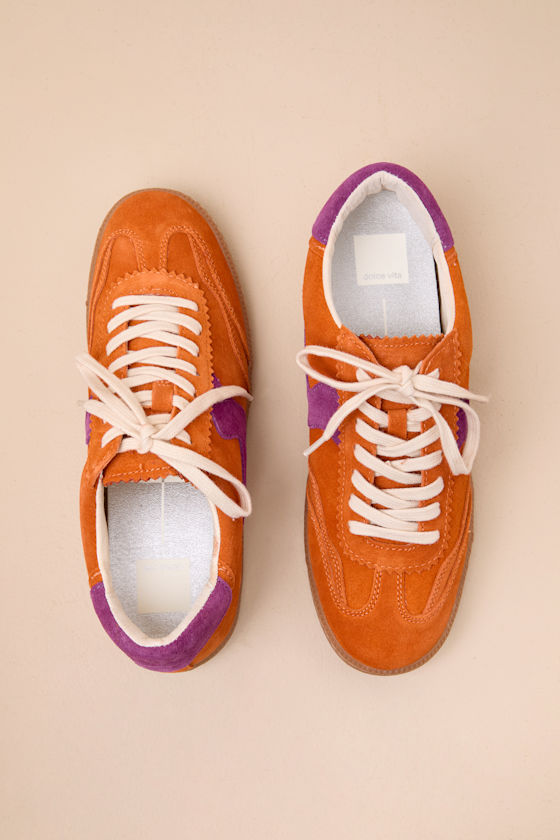 Dolce Vita Notice Orange Multi Suede Leather Color Block Lace-up Sneakers In Orange