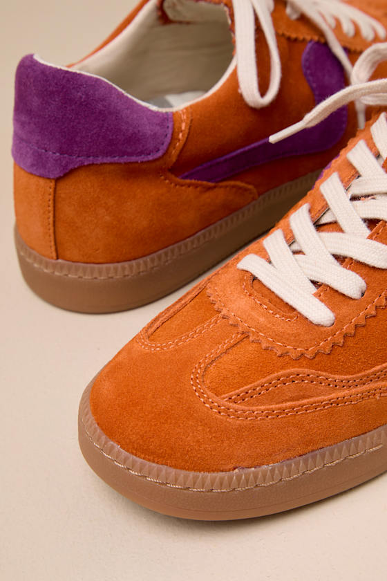 Dolce Vita Notice Orange Multi Suede Leather Color Block Lace-up Sneakers In Orange