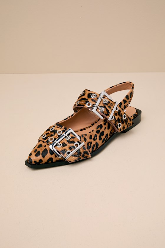 Steve Madden Graya Leopard Calf Hair Studded Buckle Slingback Flats In Brown