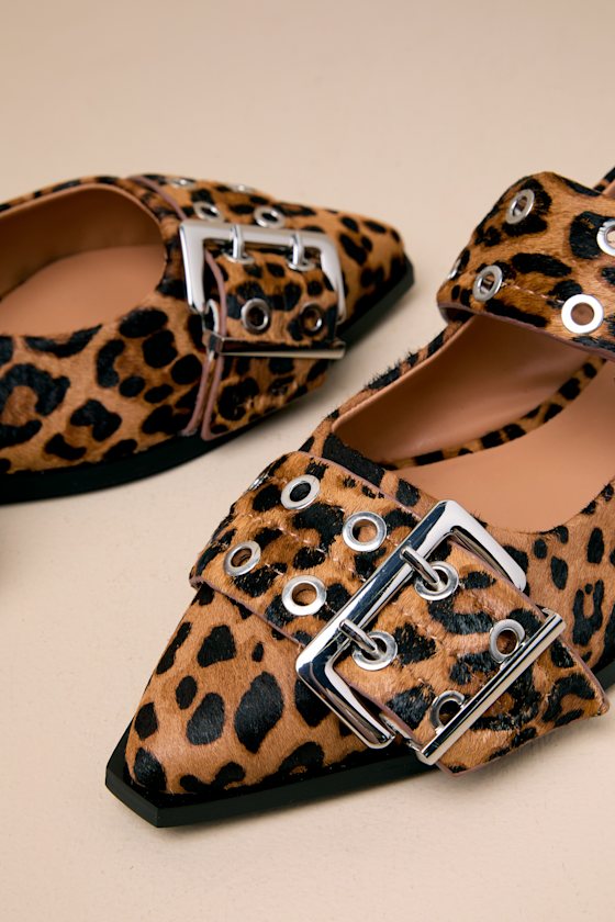 Steve Madden Graya Leopard Calf Hair Studded Buckle Slingback Flats In Brown