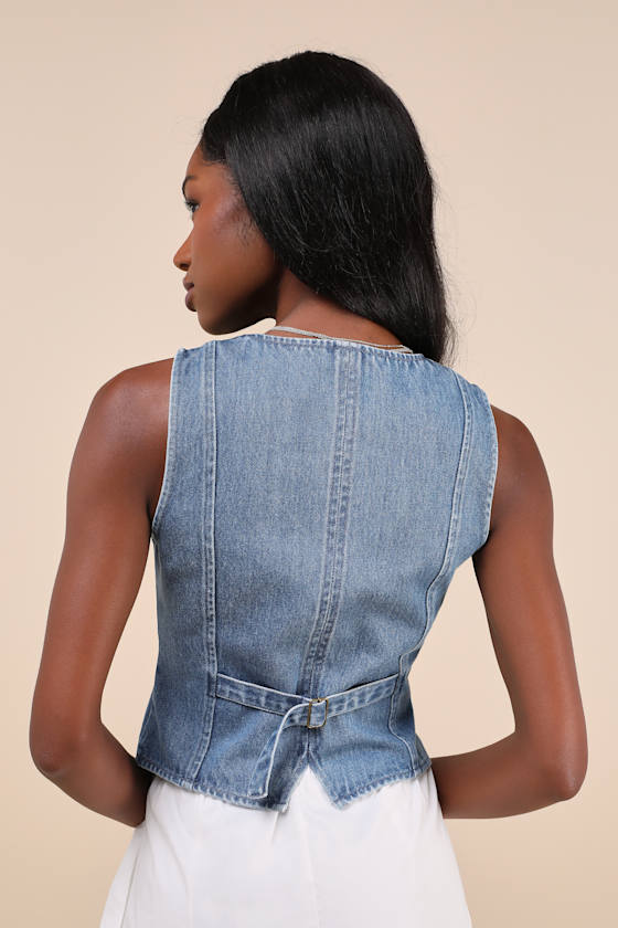 Lulus Coveted Appeal Medium Wash Denim Vest In Blue