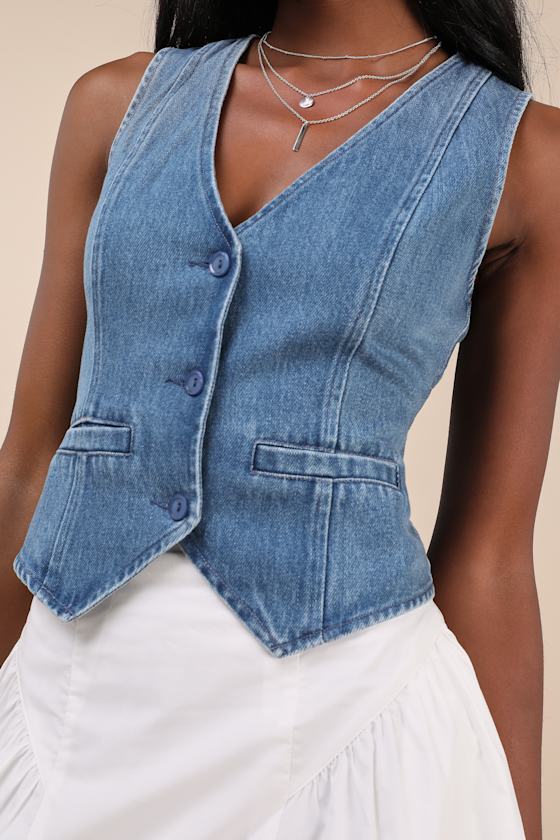 Lulus Coveted Appeal Medium Wash Denim Vest In Blue