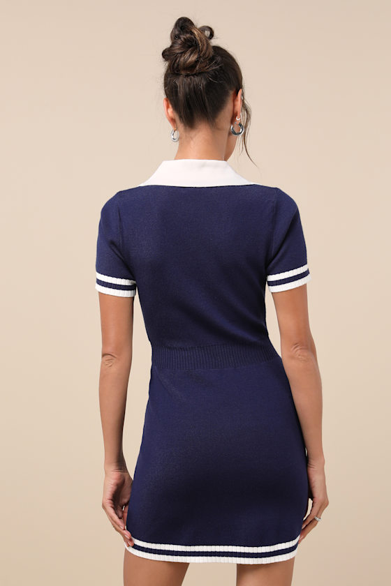 Lulus Calculated Charm Navy And White Collared Mini Sweater Dress In Navy