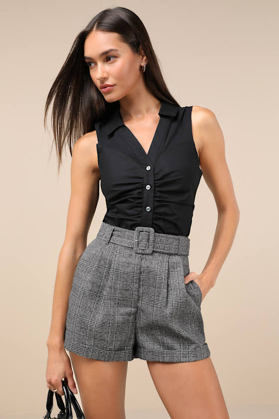Confidently Posh Grey Plaid Belted High-Waisted Shorts 1