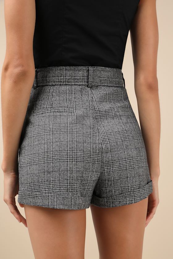 Confidently Posh Grey Plaid Belted High-Waisted Shorts 2