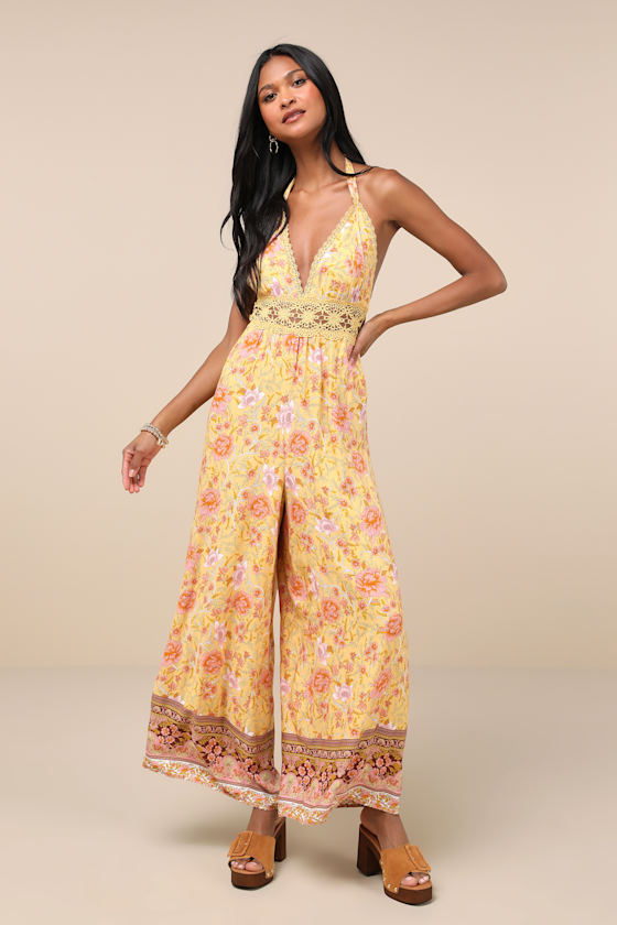 Blissful Presence Yellow Floral Crochet Lace Halter Jumpsuit 4
