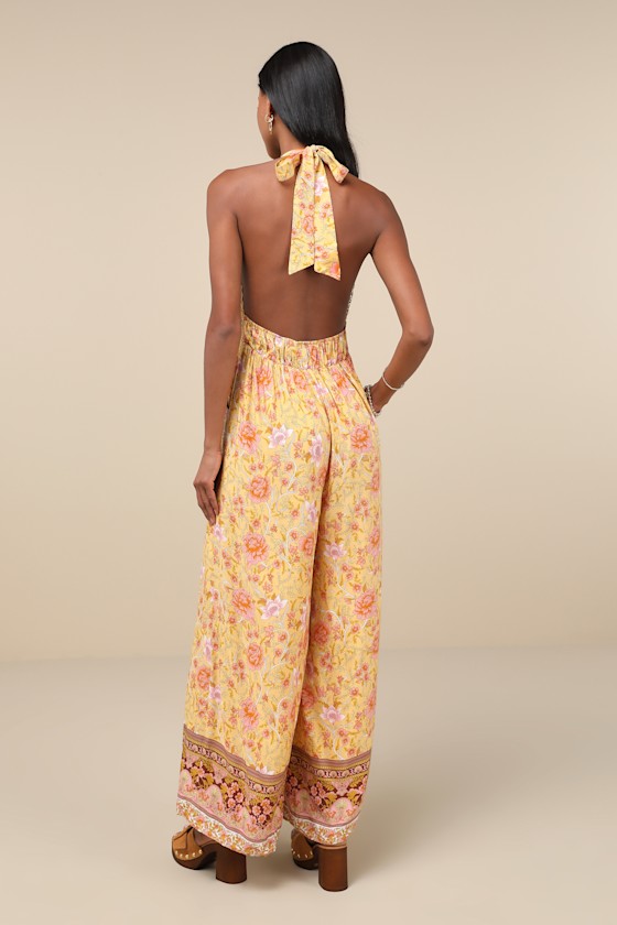 Blissful Presence Yellow Floral Crochet Lace Halter Jumpsuit 3