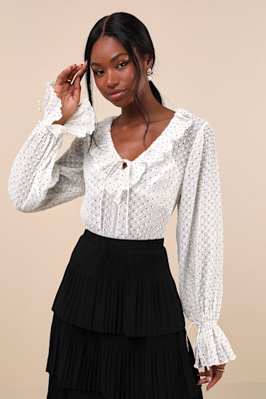 Ivory Polka Dot Top Sheer Plisse Top Ruffled Top Blouse Lulus