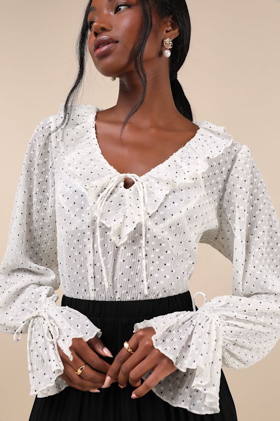 Lulus Whimsical Sweetie Ivory Polka Dot Sheer Plisse Ruffled Top In Ivory