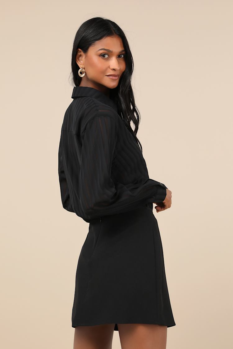 Elevated Intent Black Sheer Burnout Striped Collared Bodysuit