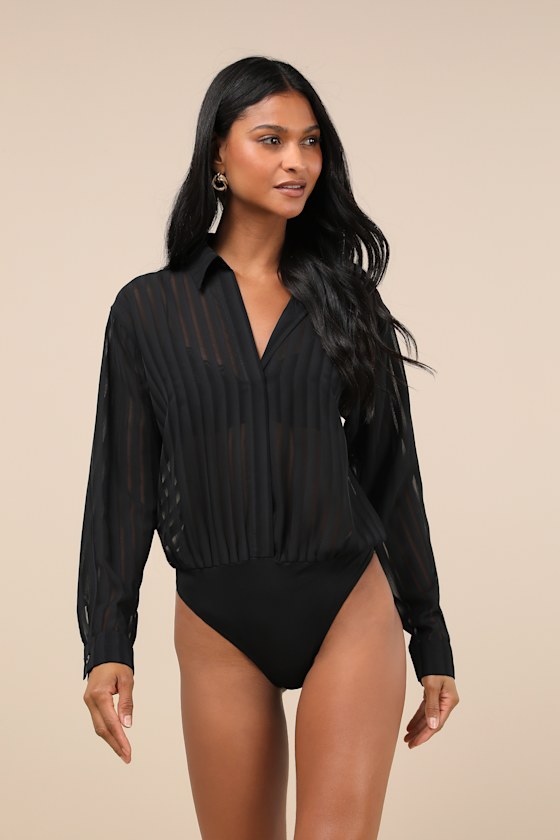 LULUS ELEVATED INTENT BLACK SHEER BURNOUT STRIPED COLLARED BODYSUIT 